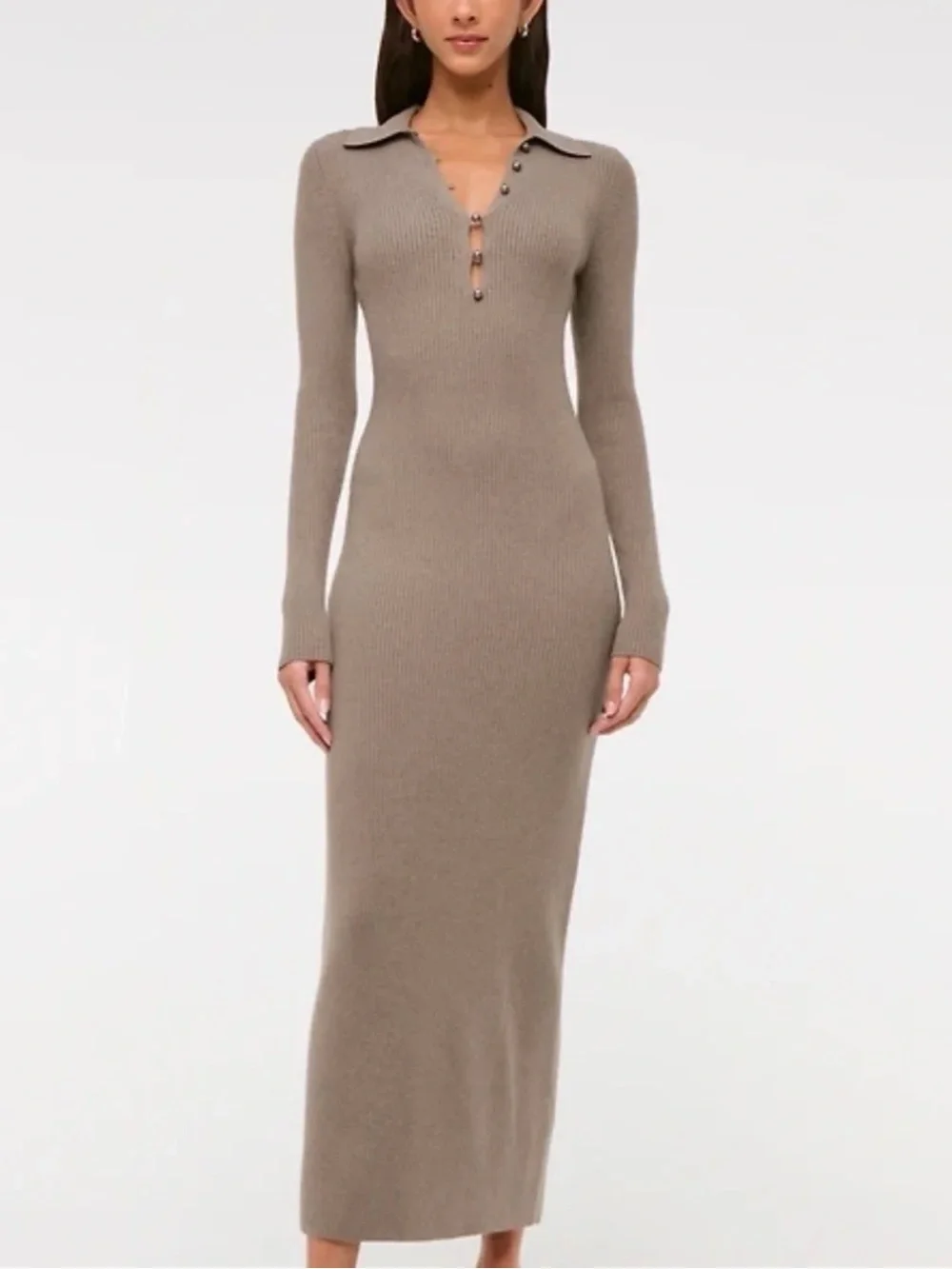 Abercrombie & Fitch Ribbed Stretch Polo Maxi Dress in Taupe| Medium